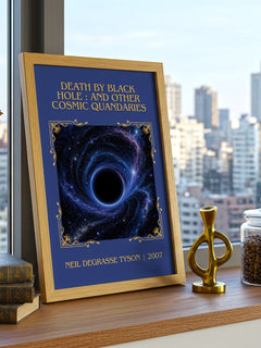 Death by black hole : and other cosmic quandaries Classic Book Art Print by Neil deGrasse Tyson – framed print on a city-view windowsill