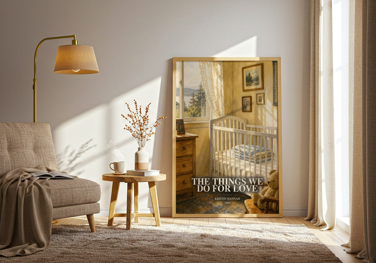 The Things We Do For Love watercolour print in frame leaning in hallway – contemporary fiction wall art