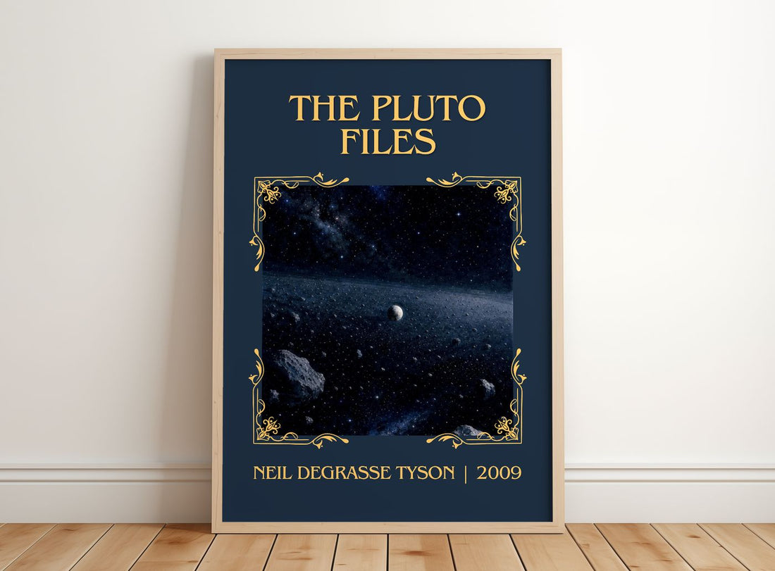 The Pluto Files Classic Book Art Print by Neil deGrasse Tyson – framed print leaning on a wooden floor