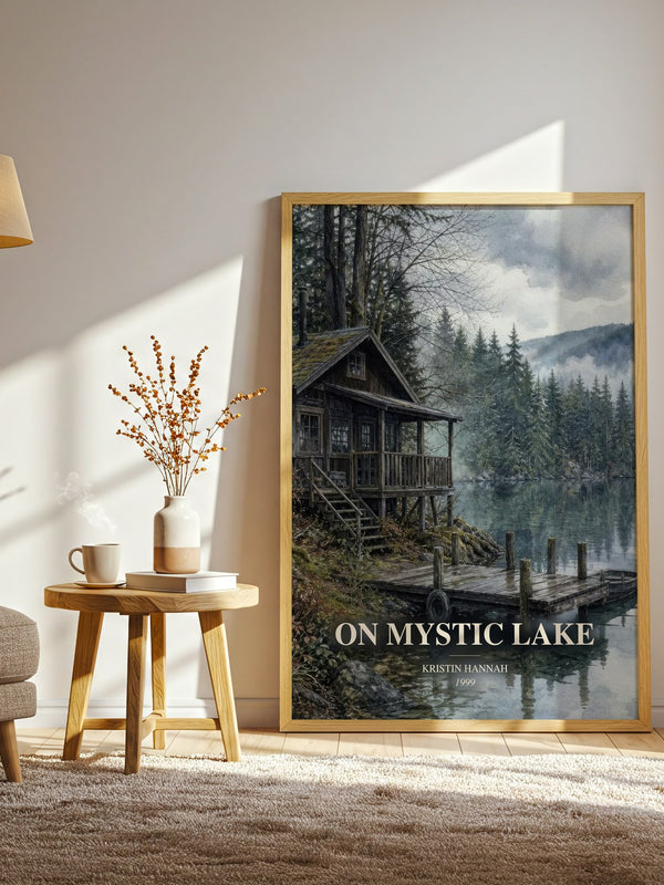 On Mystic Lake watercolour print in frame leaning in hallway – contemporary fiction wall art