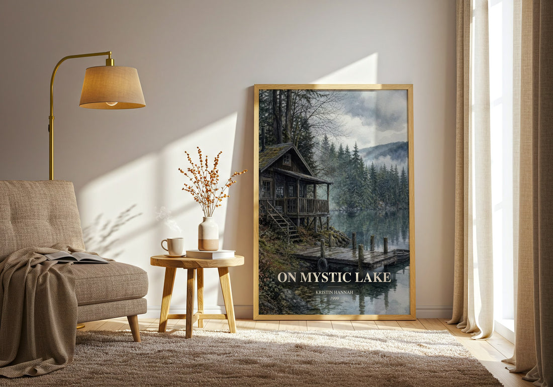 On Mystic Lake watercolour print in frame leaning in hallway – contemporary fiction wall art (mockup)