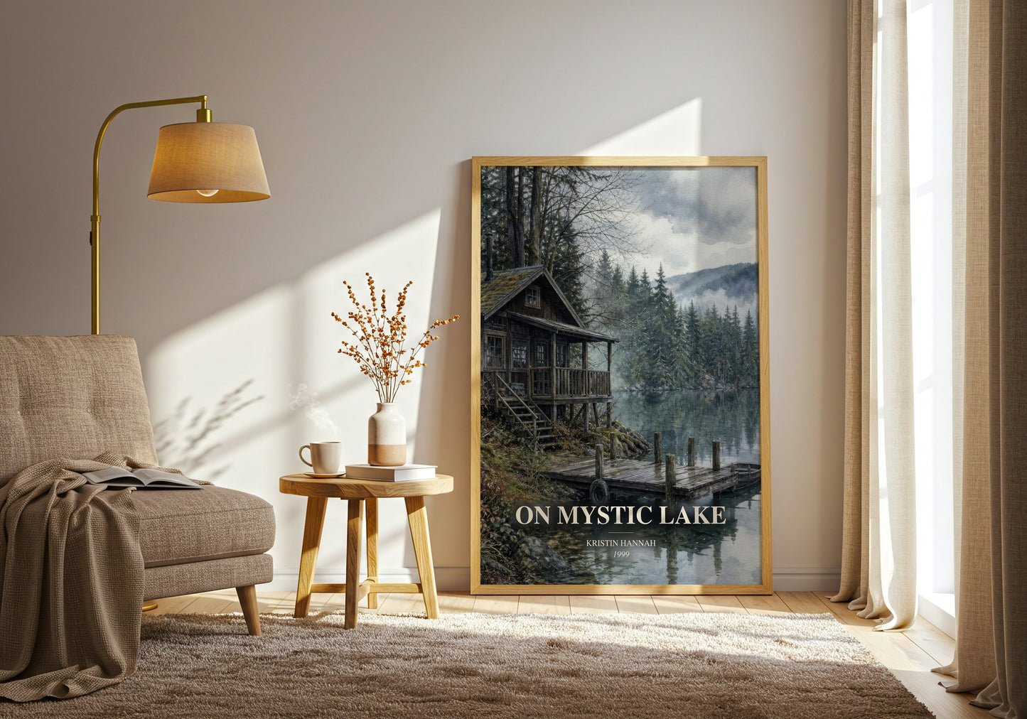 On Mystic Lake watercolour print in frame leaning in hallway – contemporary fiction wall art