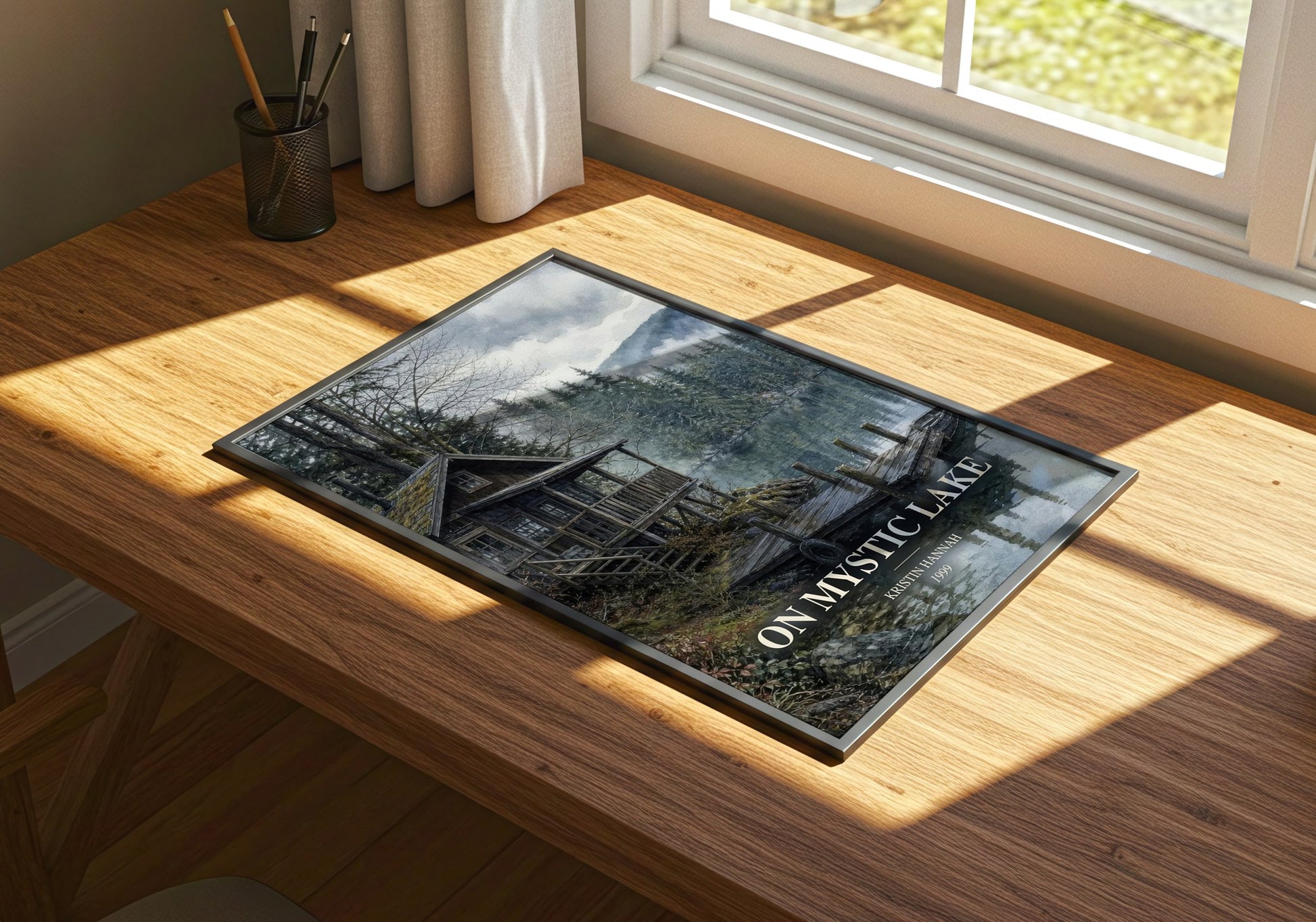 On Mystic Lake watercolour book poster framed on wall – contemporary fiction wall art