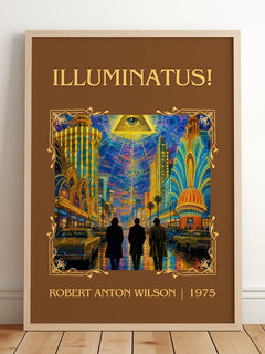Illuminatus! Classic Book Art Print by Robert Anton Wilson – framed print leaning on a wooden floor