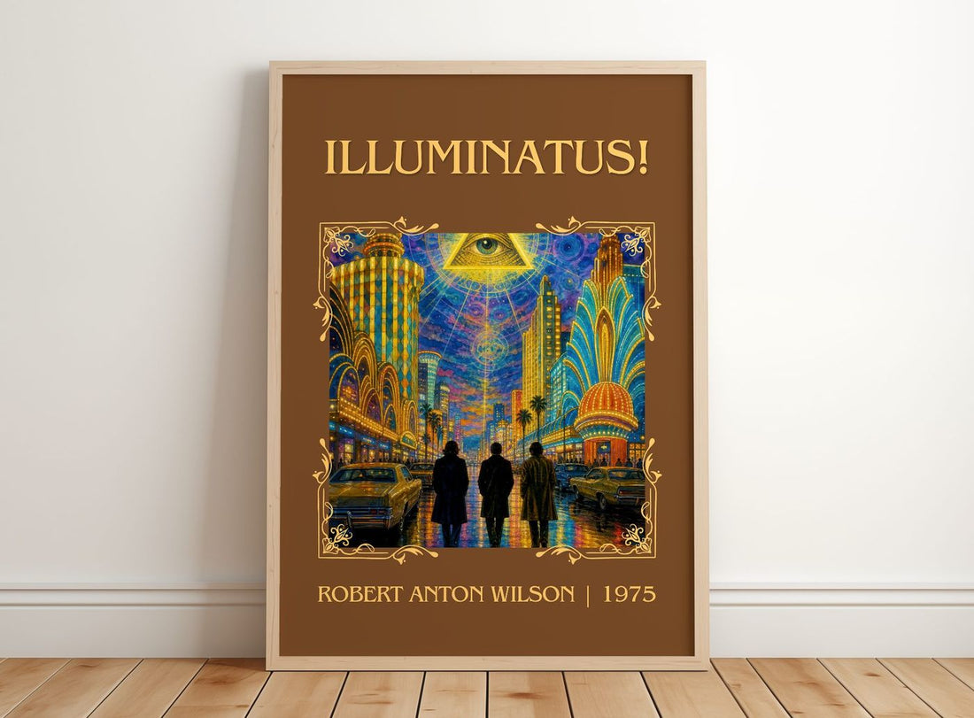 Illuminatus! Classic Book Art Print by Robert Anton Wilson – framed print leaning on a wooden floor
