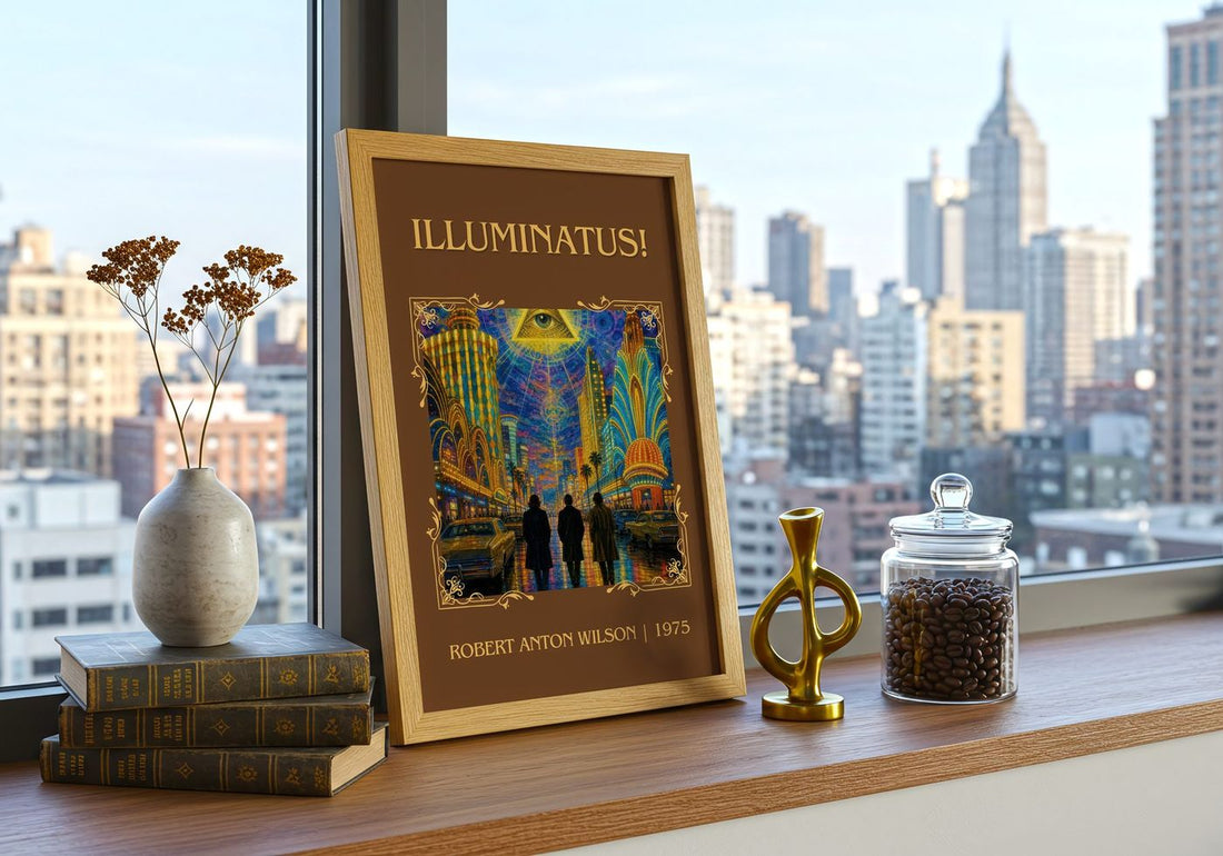 Illuminatus! Classic Book Art Print by Robert Anton Wilson – framed print on a city-view windowsill