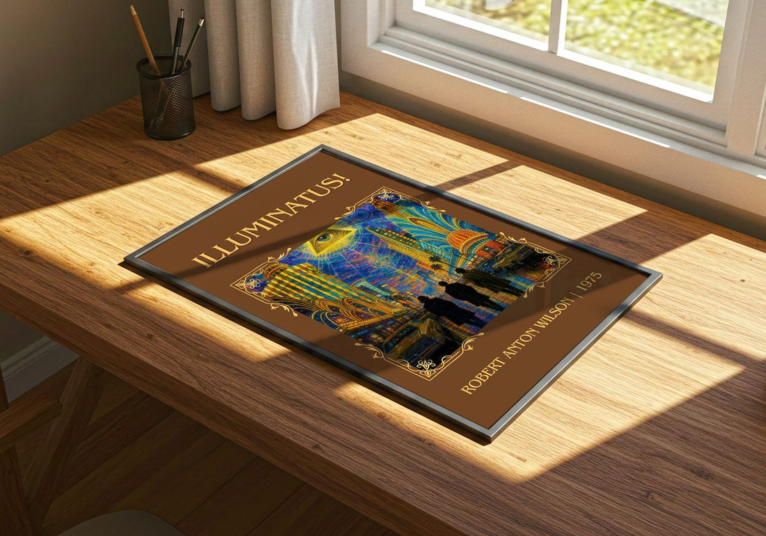 Illuminatus! Classic Book Art Print by Robert Anton Wilson – print on a sunlit desk