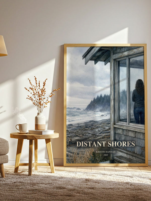 Distant Shores watercolour print in frame leaning in hallway – contemporary fiction wall art