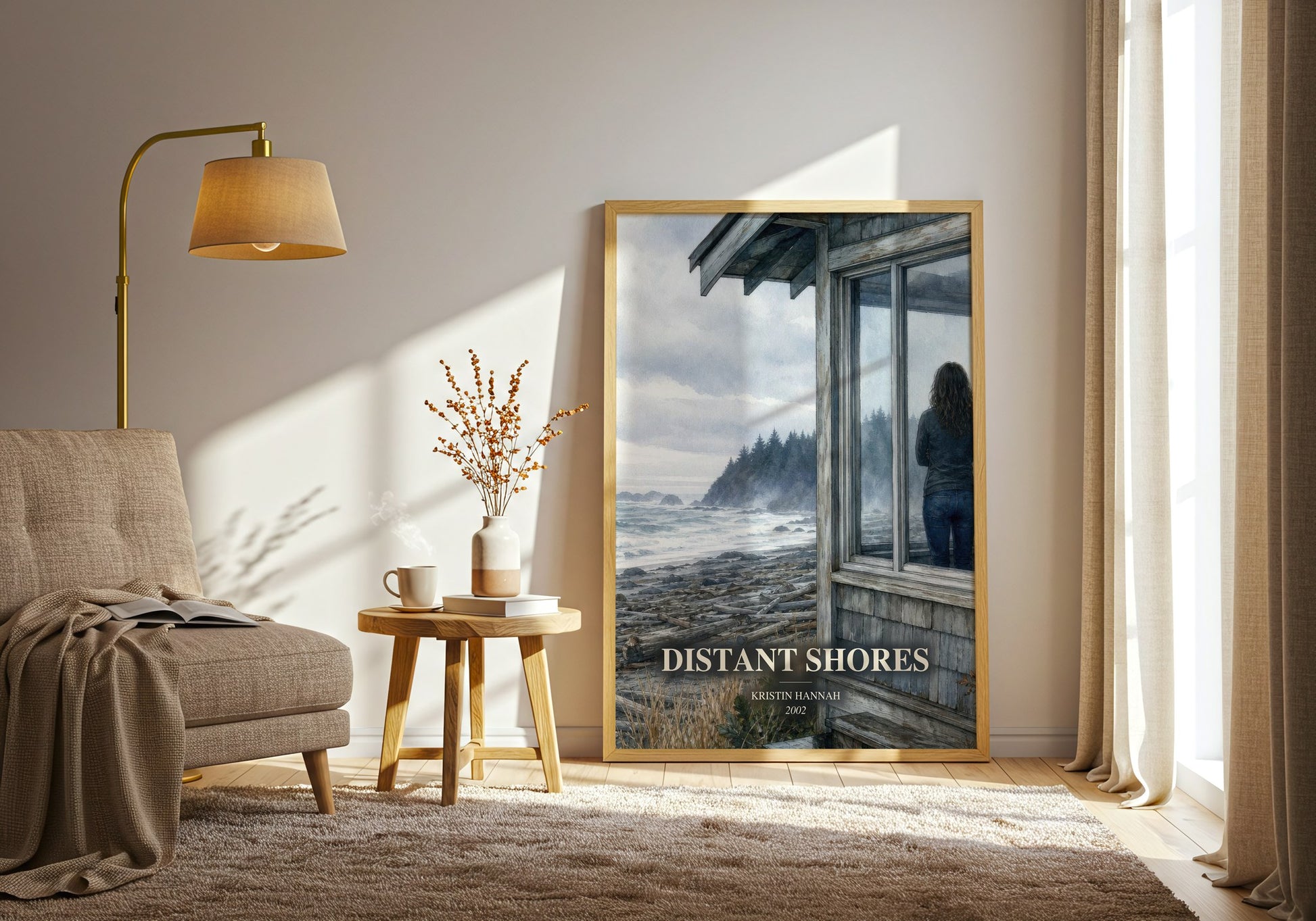 Distant Shores watercolour print in frame leaning in hallway – contemporary fiction wall art