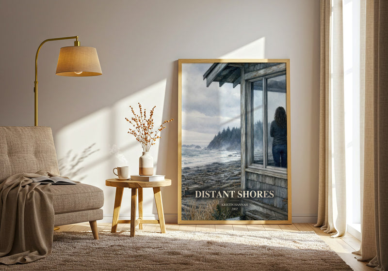 Distant Shores watercolour print in frame leaning in hallway – contemporary fiction wall art