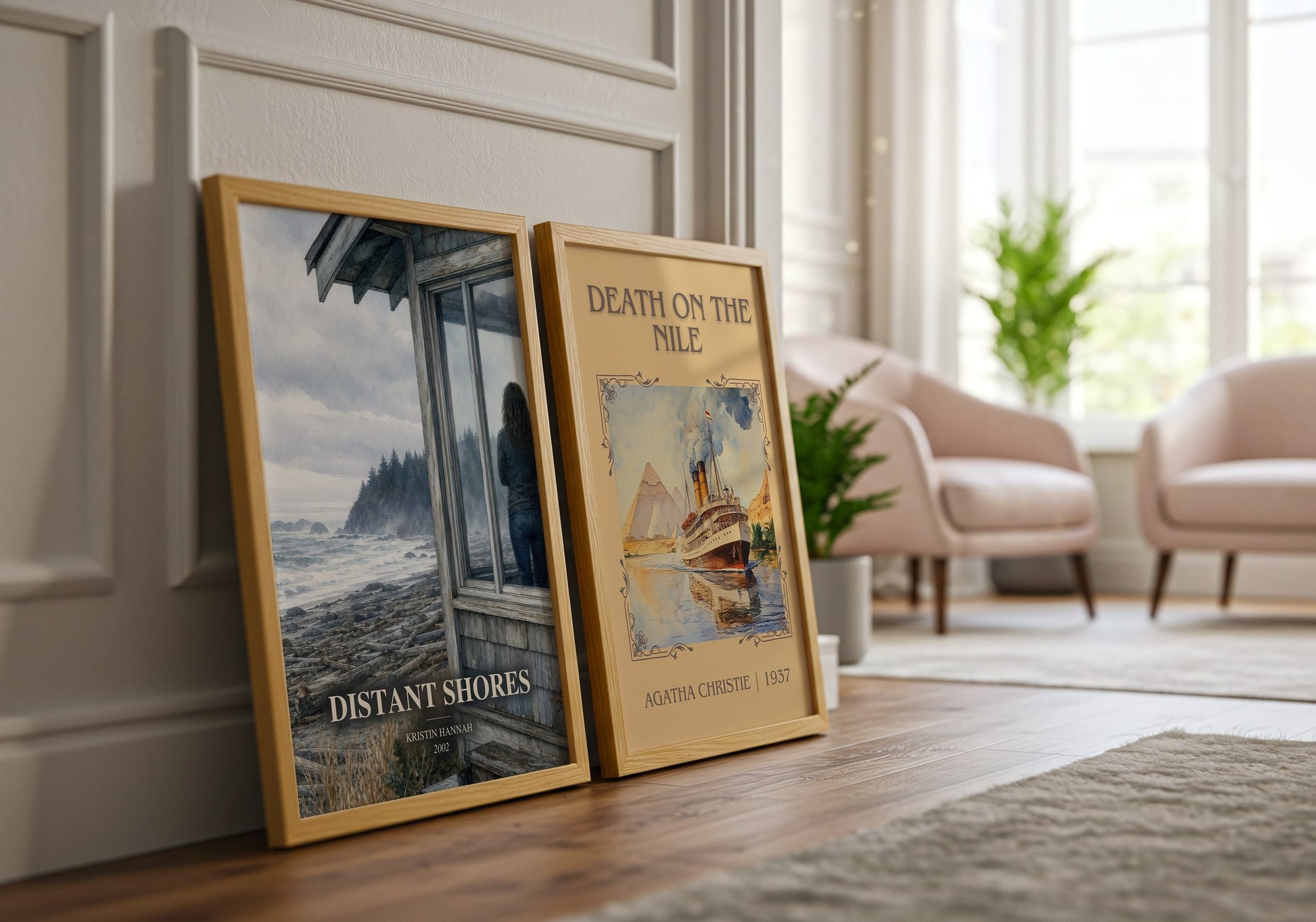 Distant Shores watercolour print framed by window – literary home decor