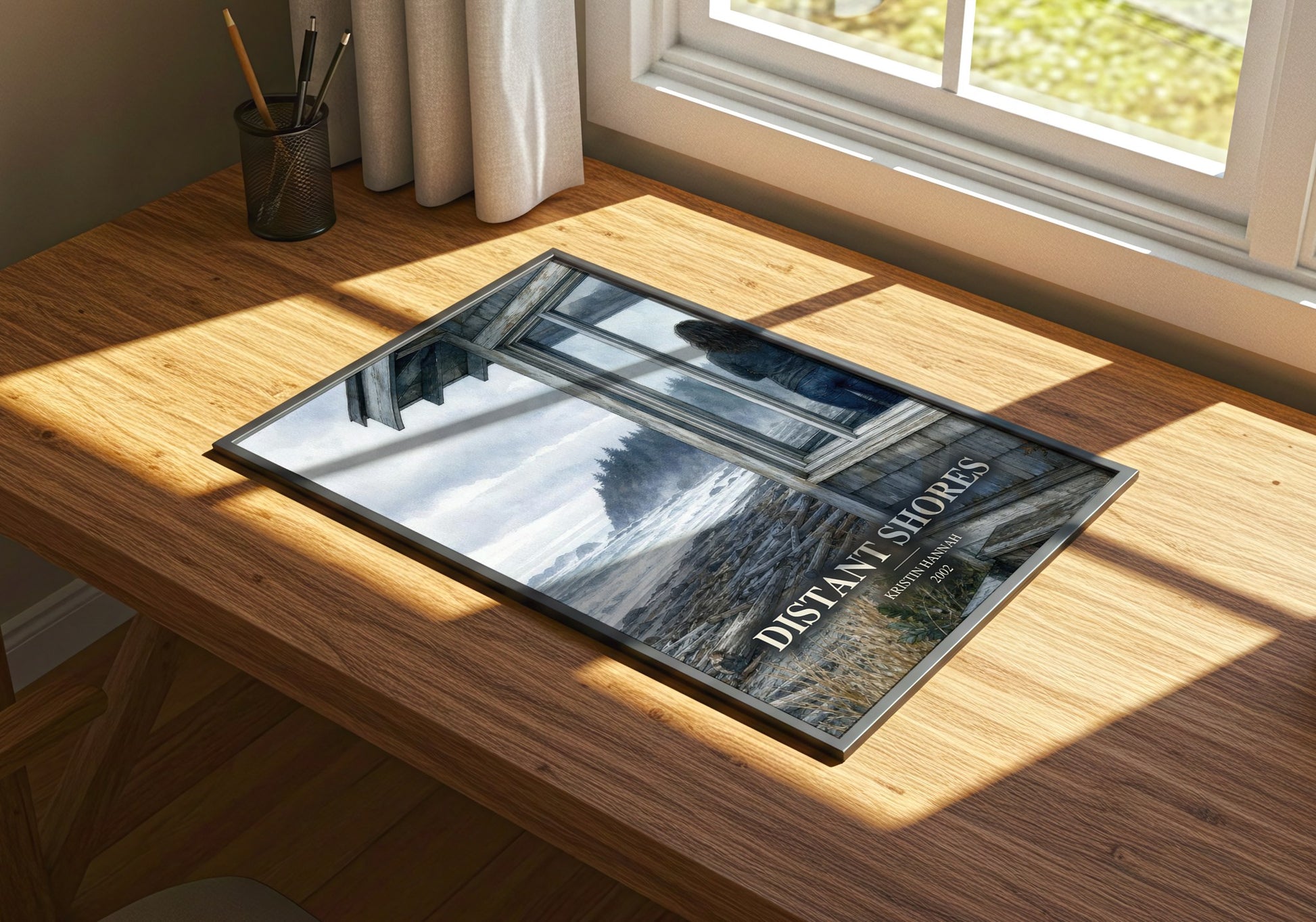 Distant Shores watercolour book poster framed on wall – contemporary fiction wall art
