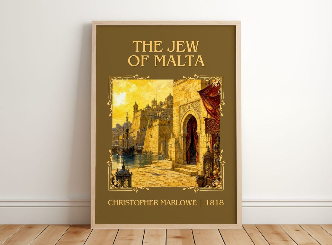 The Jew of Malta Classic Book Art Print by Christopher Marlowe – framed print leaning on a wooden floor