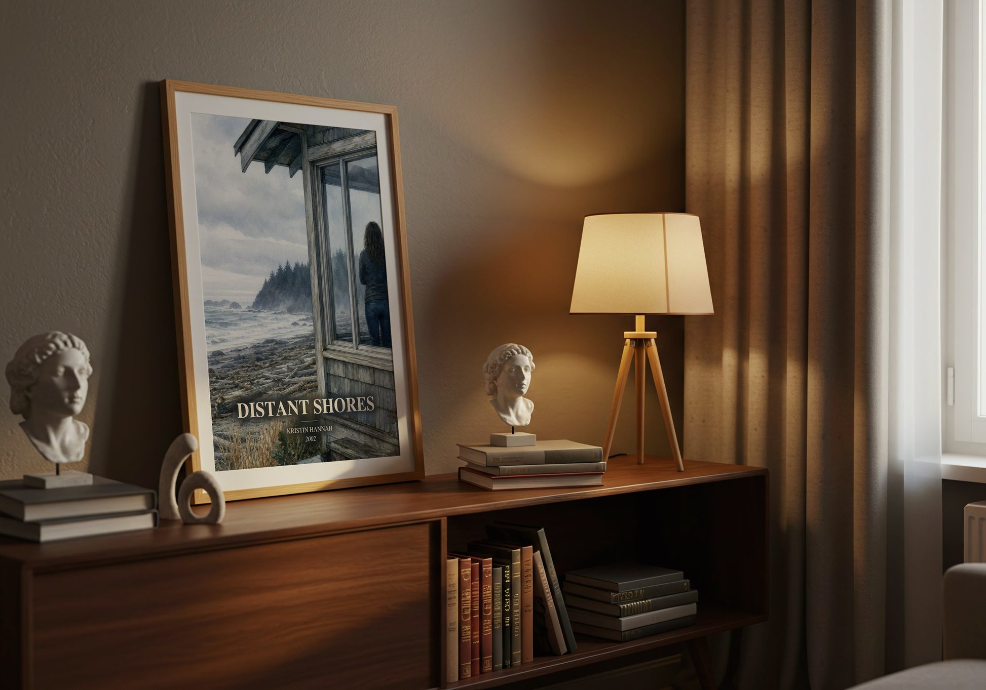 Distant Shores watercolour print on bookshelf – Kristin Hannah fan gift