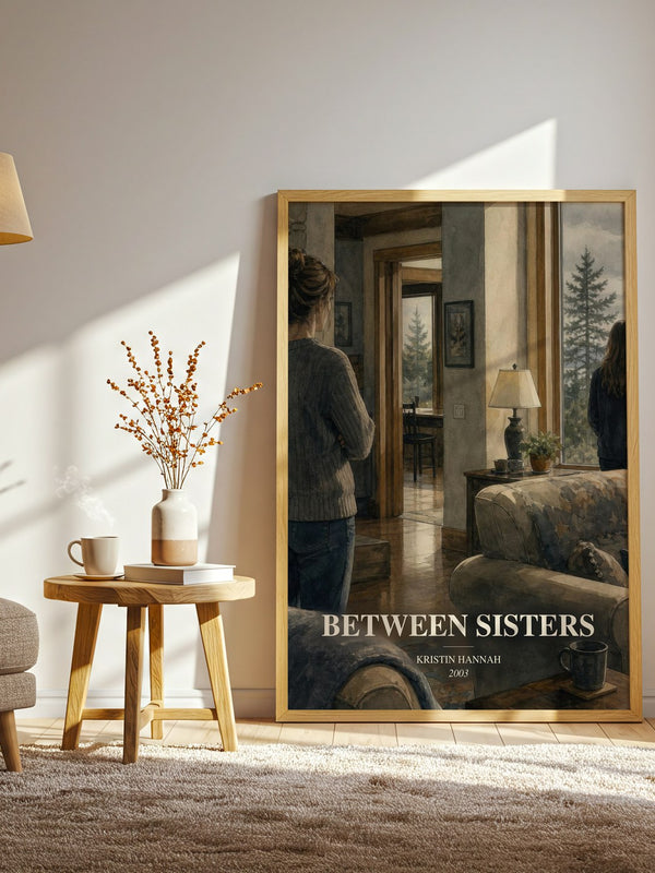 Between Sisters watercolour print in frame leaning in hallway – contemporary fiction wall art