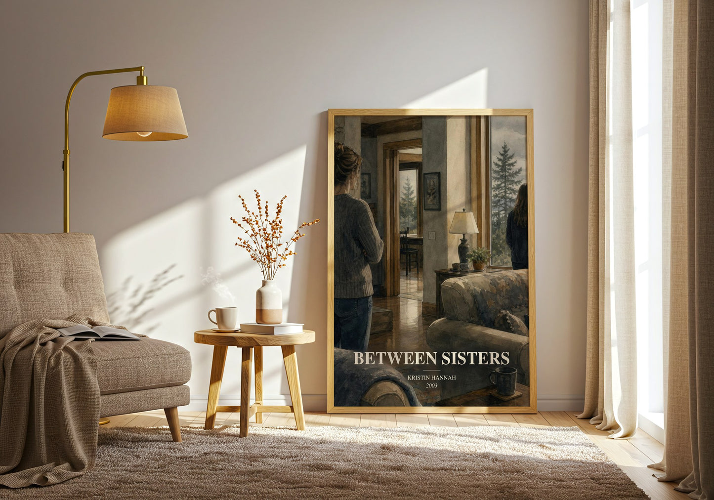 Between Sisters watercolour print in frame leaning in hallway – contemporary fiction wall art
