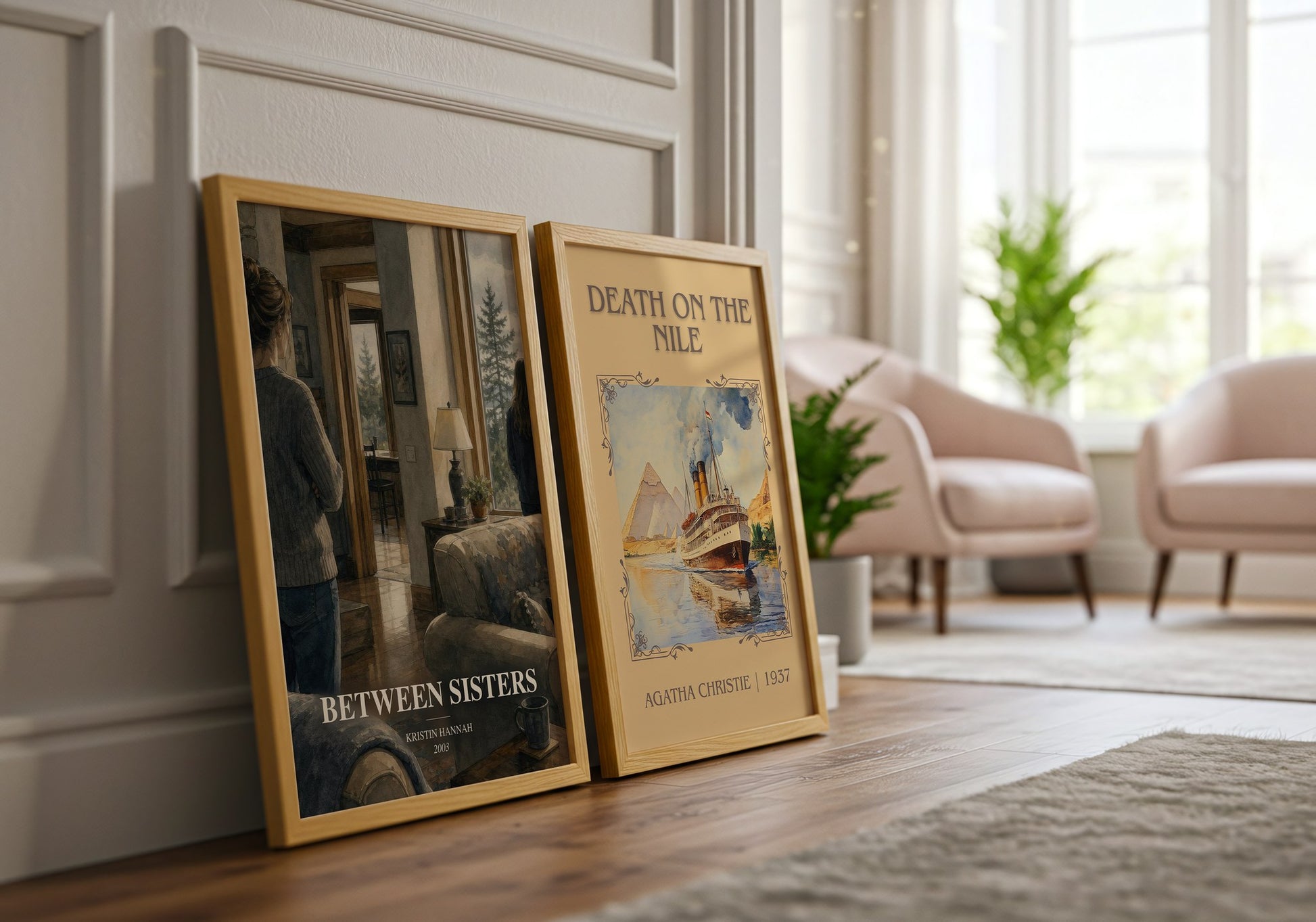 Between Sisters watercolour print framed by window – literary home decor