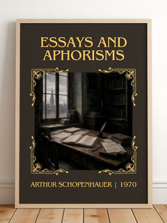 Essays and aphorisms Classic Book Art Print by Arthur Schopenhauer – framed print leaning on a wooden floor
