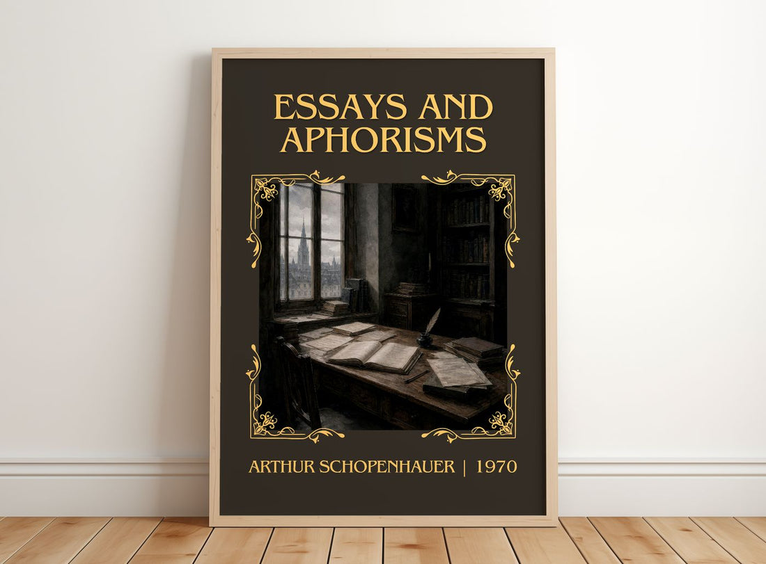Essays and aphorisms Classic Book Art Print by Arthur Schopenhauer – framed print leaning on a wooden floor