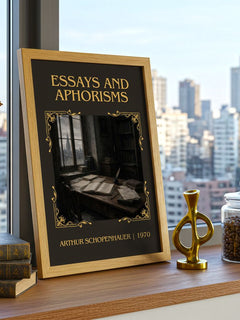 Essays and aphorisms Classic Book Art Print by Arthur Schopenhauer – framed print on a city-view windowsill