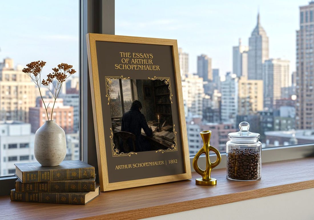 The Essays Of Arthur Schopenhauer Classic Book Art Print by Arthur Schopenhauer – framed print on a city-view windowsill
