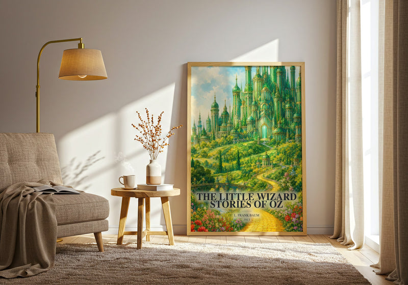 The Little Wizard Stories Of Oz watercolour print in frame leaning in hallway – childrens wall art