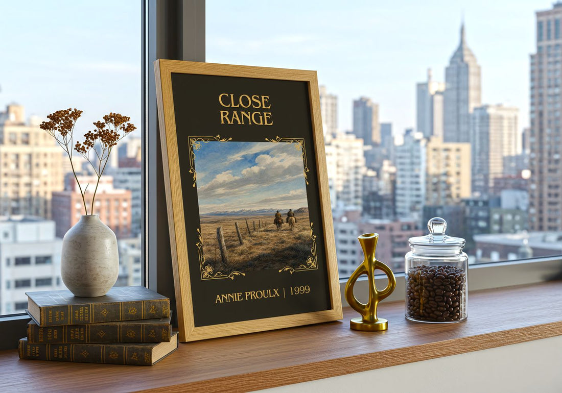 Close Range Classic Book Art Print by Annie Proulx – framed print on a city-view windowsill