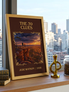 The 39 Clues Classic Book Art Print by Jude Watson – framed print on a city-view windowsill