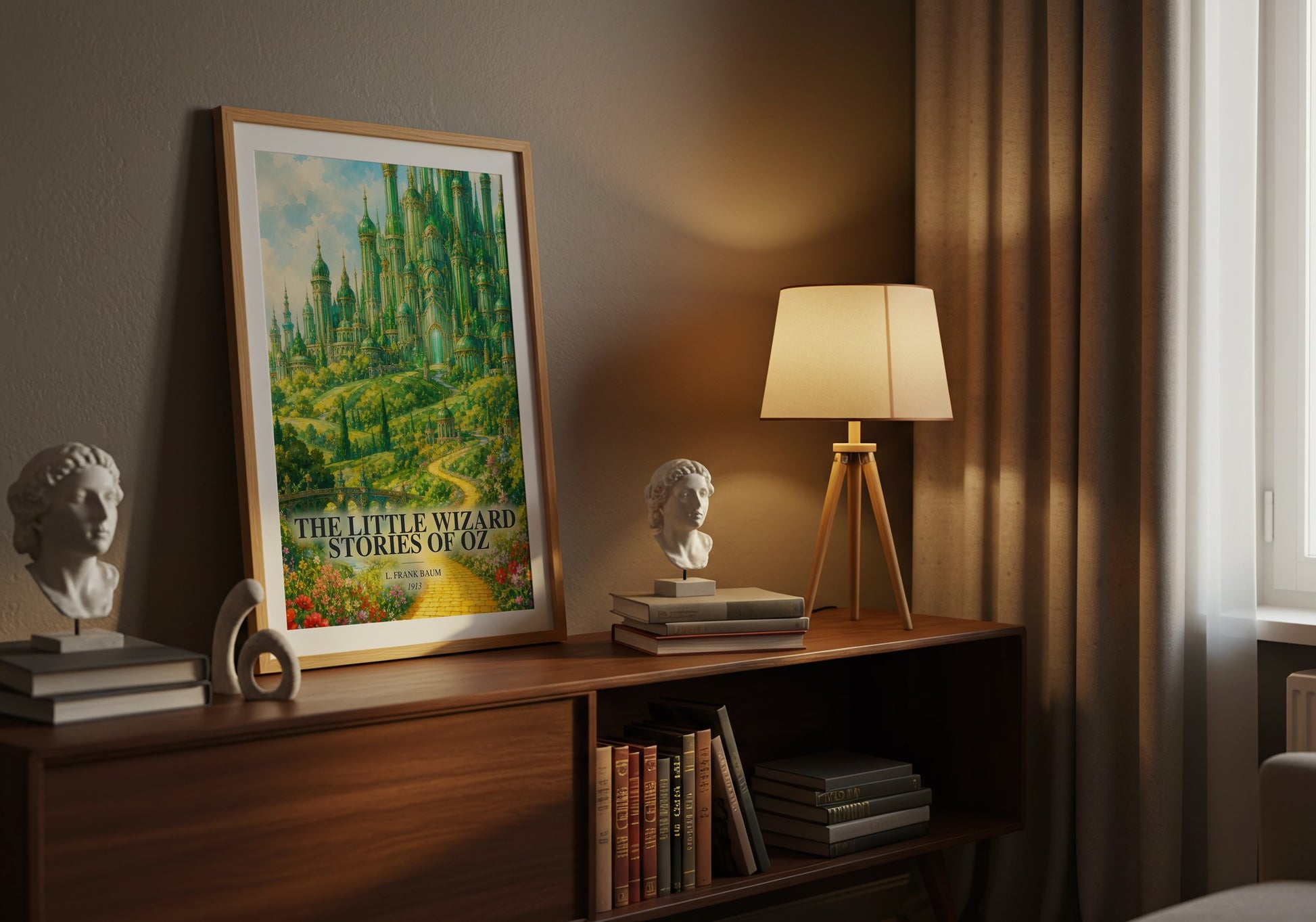 The Little Wizard Stories Of Oz watercolour print on bookshelf – L. Frank Baum fan gift