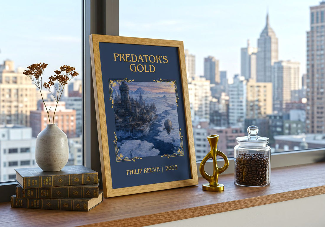 Predator's Gold Classic Book Art Print by Philip Reeve – framed print on a city-view windowsill