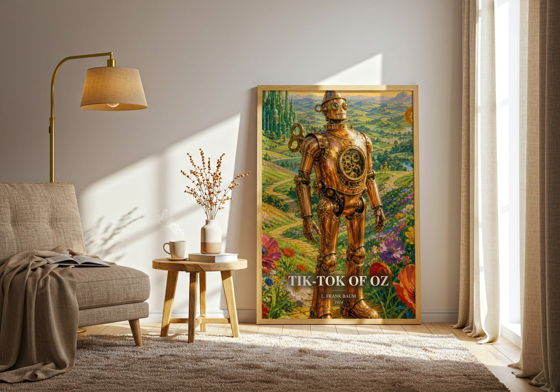 Tik-Tok Of Oz watercolour print in frame leaning in hallway – childrens wall art
