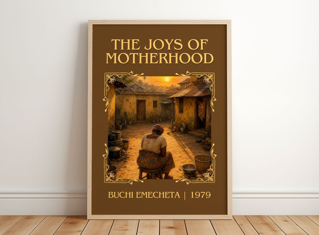The Joys of Motherhood Classic Book Art Print by Buchi Emecheta – framed print leaning on a wooden floor