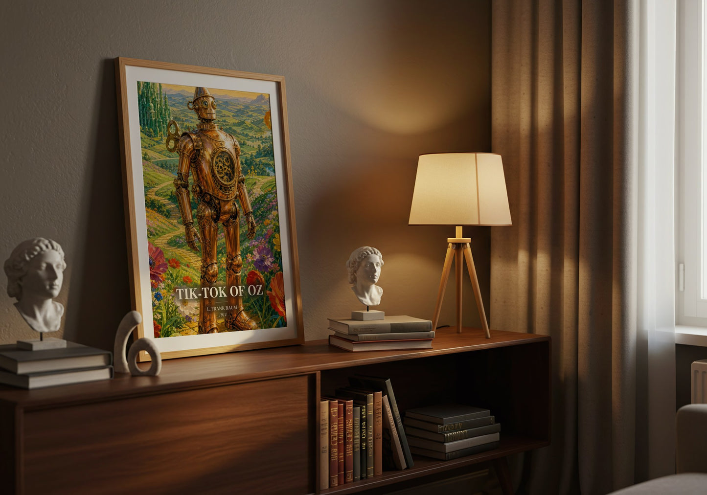 Tik-Tok Of Oz watercolour print on bookshelf – L. Frank Baum fan gift