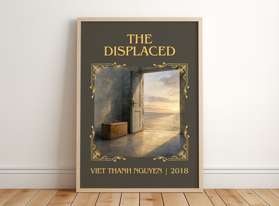 The Displaced Classic Book Art Print by Viet Thanh Nguyen – framed print leaning on a wooden floor