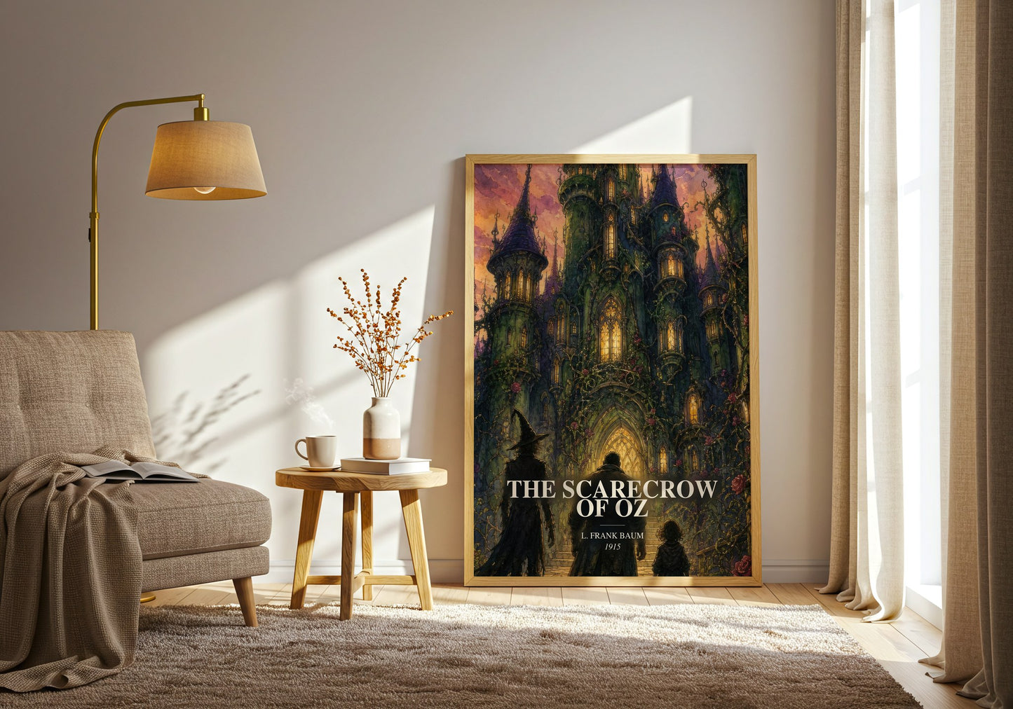 The Scarecrow Of Oz watercolour print in frame leaning in hallway – childrens wall art