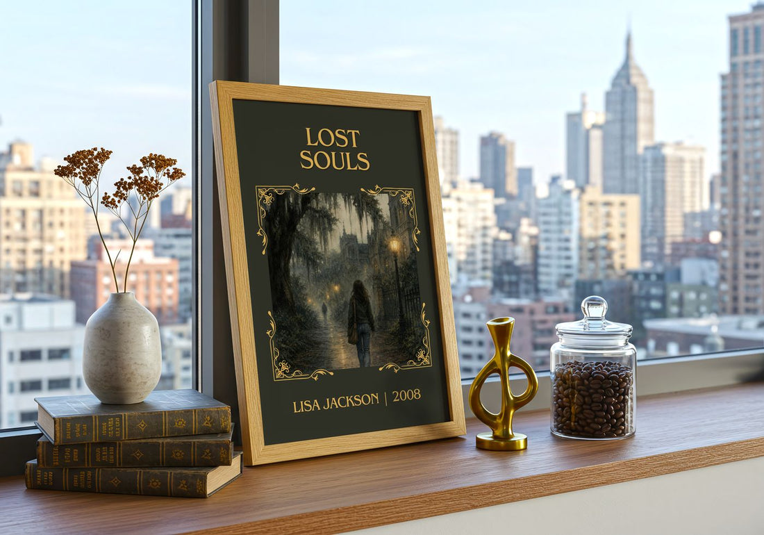 Lost Souls Classic Book Art Print by Lisa Jackson – framed print on a city-view windowsill