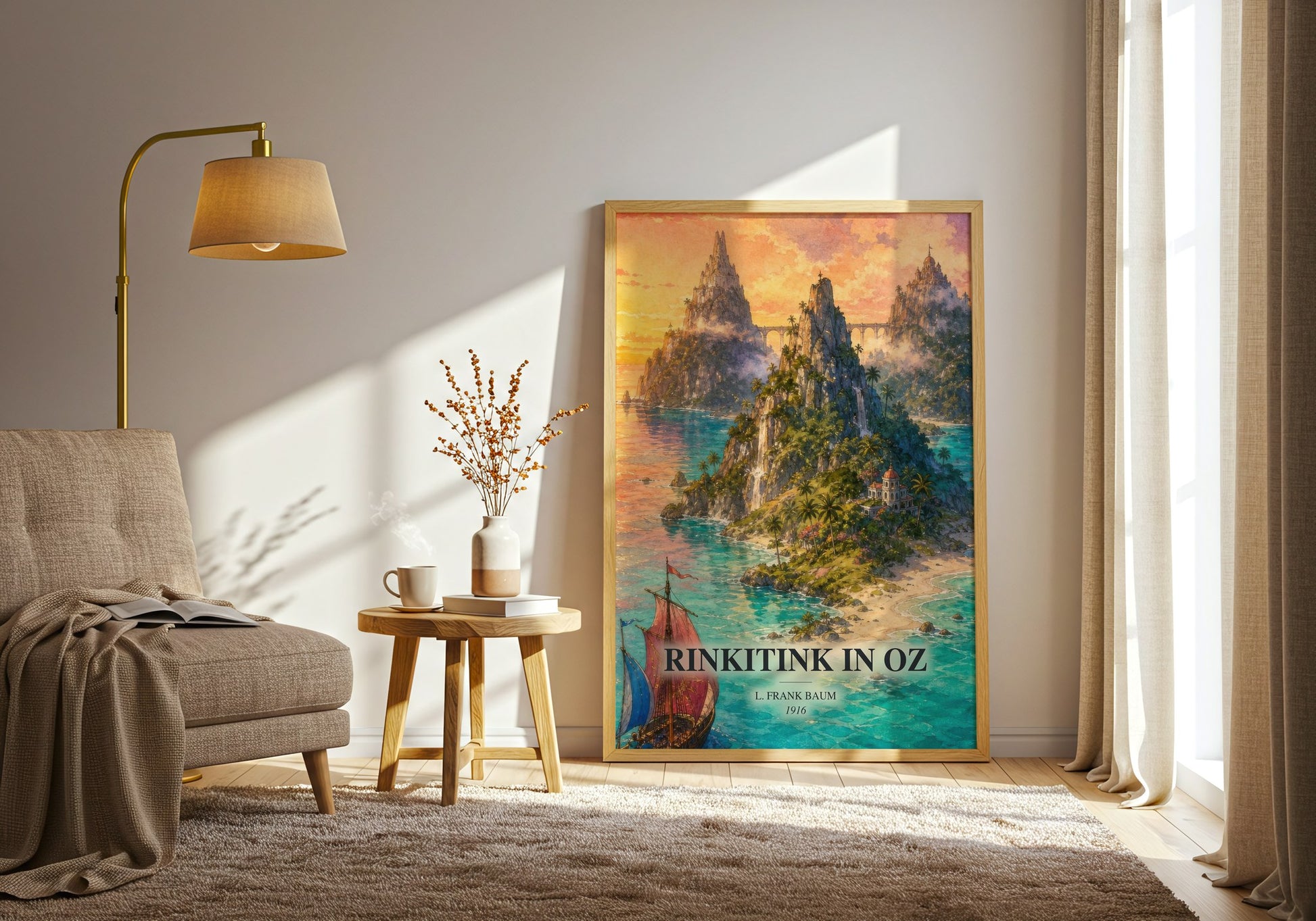 Rinkitink In Oz watercolour print in frame leaning in hallway – childrens wall art