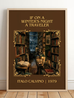 If on a Winter's Night a Traveler Classic Book Art Print by I. Calvino – framed print leaning on a wooden floor