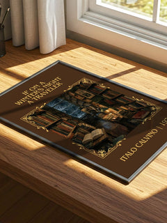 If on a Winter's Night a Traveler Classic Book Art Print by I. Calvino – print on a sunlit desk
