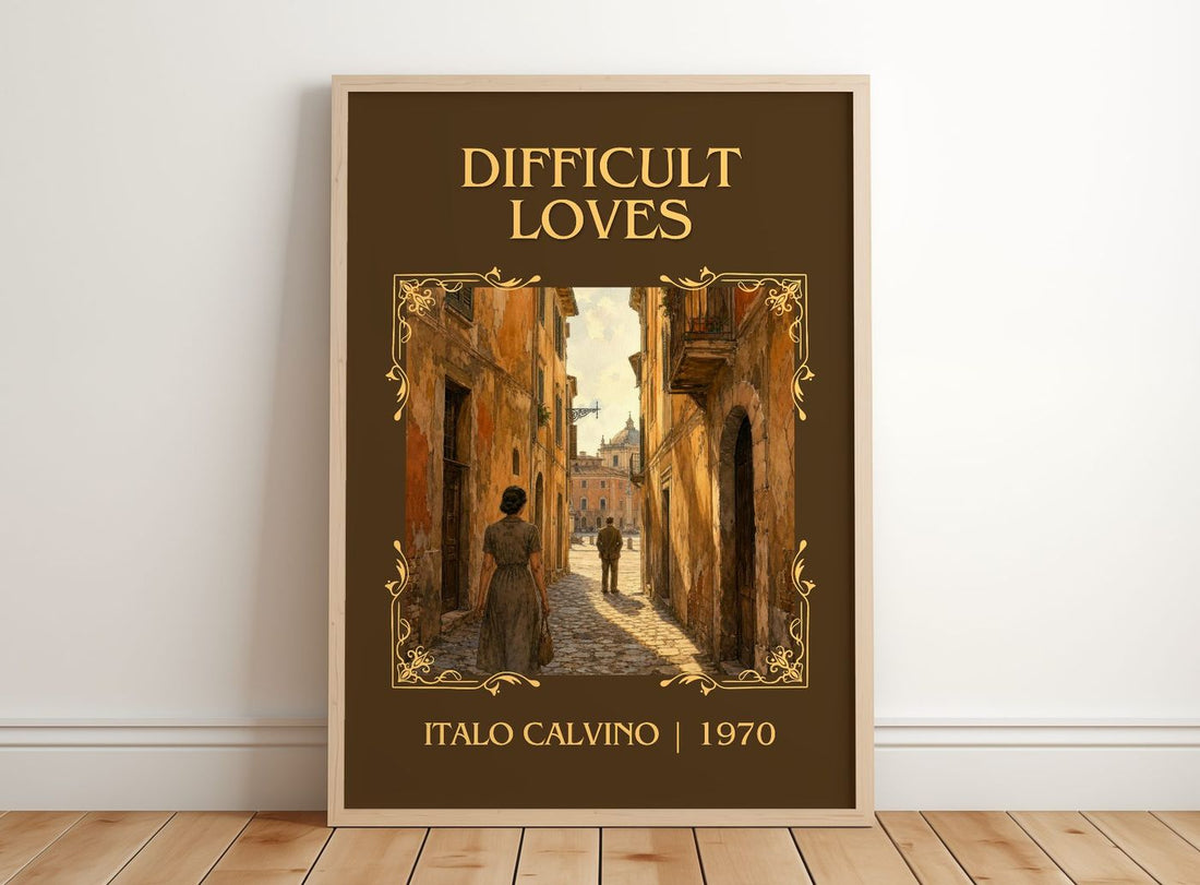 Difficult loves Classic Book Art Print by Italo Calvino – framed print leaning on a wooden floor