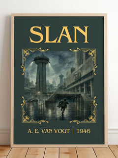 Slan Classic Book Art Print by A. E. van Vogt – framed print leaning on a wooden floor