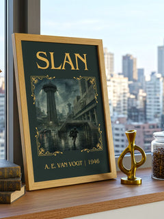 Slan Classic Book Art Print by A. E. van Vogt – framed print on a city-view windowsill