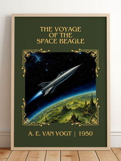 Voyage of the Space Beagle Classic Book Art Print by A. E. van Vogt – framed print leaning on a wooden floor