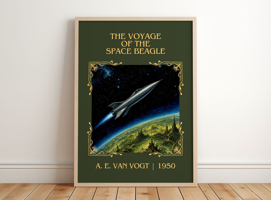 Voyage of the Space Beagle Classic Book Art Print by A. E. van Vogt – framed print leaning on a wooden floor