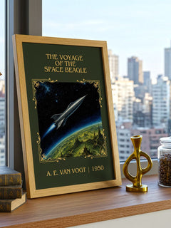 Voyage of the Space Beagle Classic Book Art Print by A. E. van Vogt – framed print on a city-view windowsill