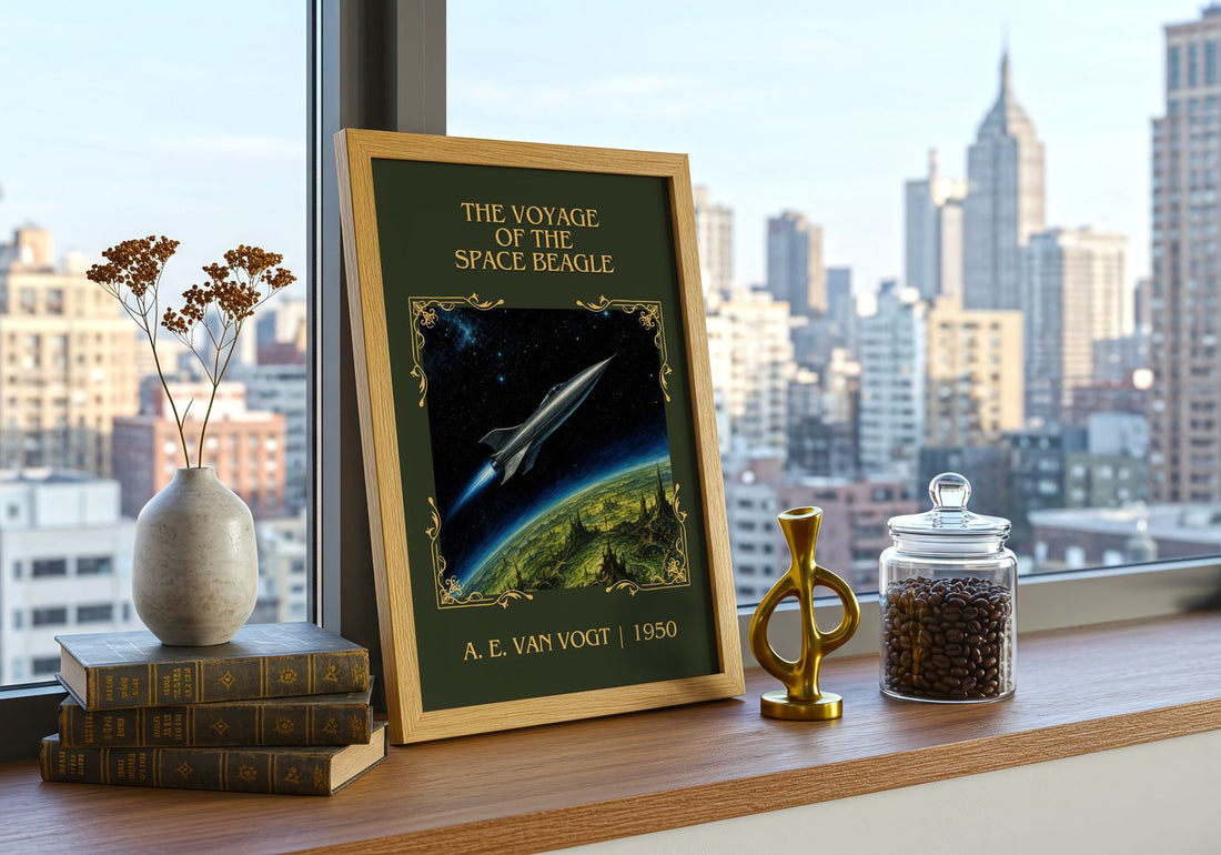 Voyage of the Space Beagle Classic Book Art Print by A. E. van Vogt – framed print on a city-view windowsill