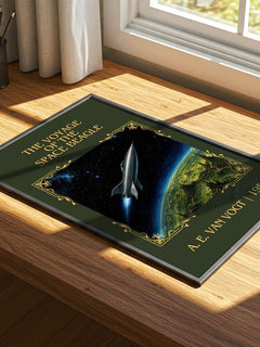 Voyage of the Space Beagle Classic Book Art Print by A. E. van Vogt – print on a sunlit desk