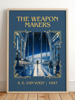 The Weapon Makers Classic Book Art Print by A. E. van Vogt – framed print leaning on a wooden floor