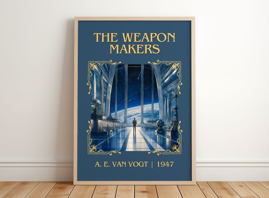 The Weapon Makers Classic Book Art Print by A. E. van Vogt – framed print leaning on a wooden floor