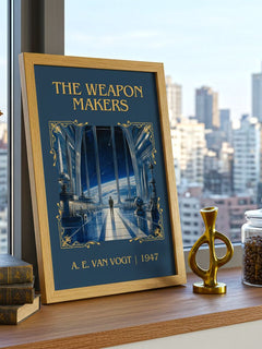 The Weapon Makers Classic Book Art Print by A. E. van Vogt – framed print on a city-view windowsill